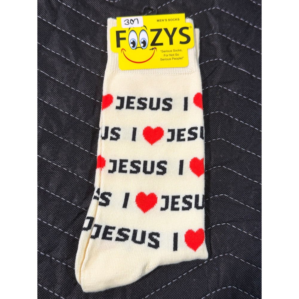 Foozys Crew Socks Mens 10-13 Off-White New I Heart Jesus Religious FM-59